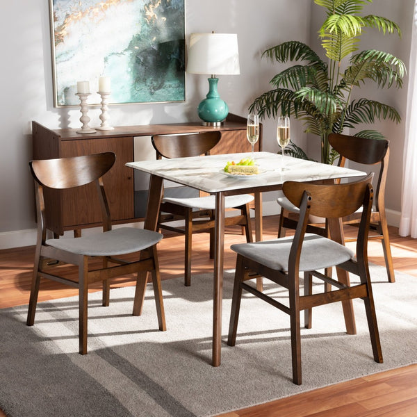 Baxton Studio Baxton Studio Mid-Century Modern 5-Piece Dining Set with Faux Marble Table and Upholstered Chairs Grey Paras-Smoke/Walnut-5PC Dining Set