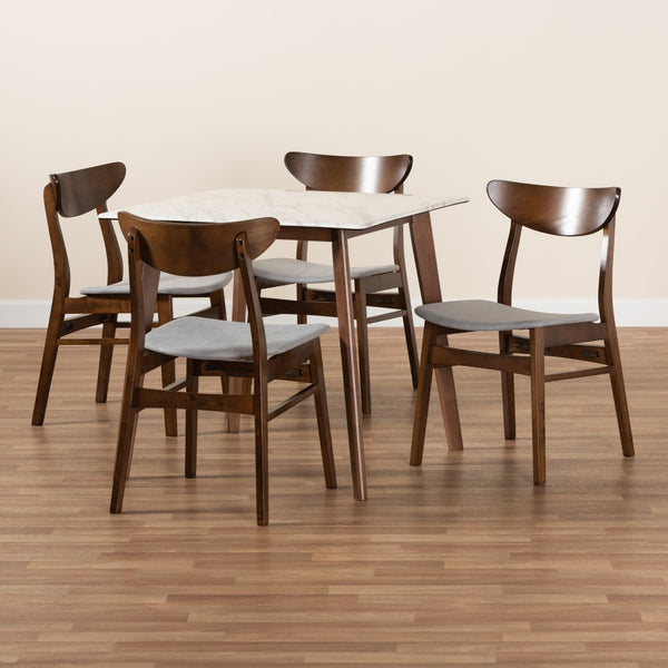 Baxton Studio Baxton Studio Mid-Century Modern 5-Piece Dining Set with Faux Marble Table and Upholstered Chairs Grey Paras-Smoke/Walnut-5PC Dining Set