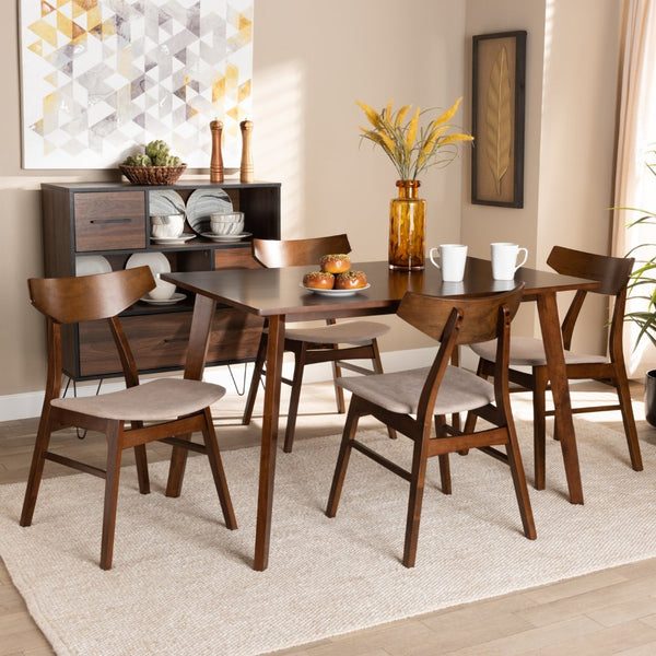 Baxton Studio Baxton Studio Lois 5-Piece Dining Set - Mid-Century Modern Light Beige Upholstered Walnut Wood Elegance Danica/Fiesta-Latte/Walnut-5PC Dining Set