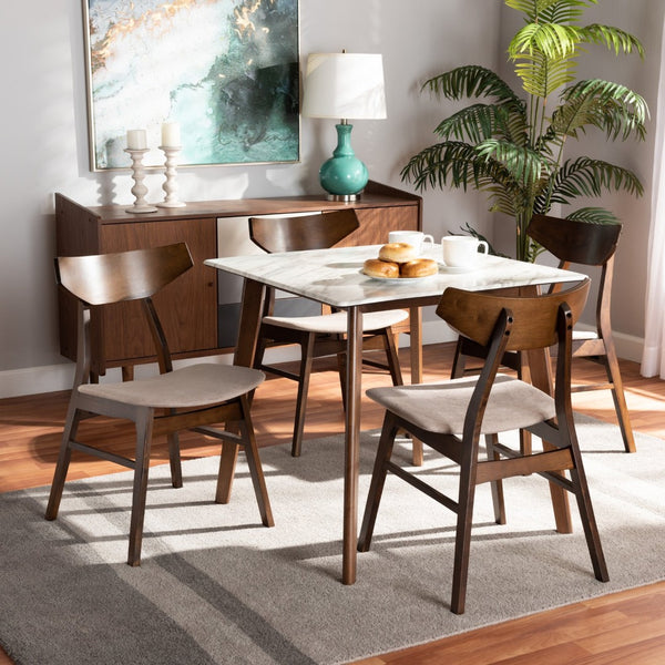 Baxton Studio Baxton Studio Pearson Mid-Century Modern 5-Piece Dining Set with Faux Marble Table for Stylish Spaces Beige Pearson-Latte/Walnut-5PC Dining Set