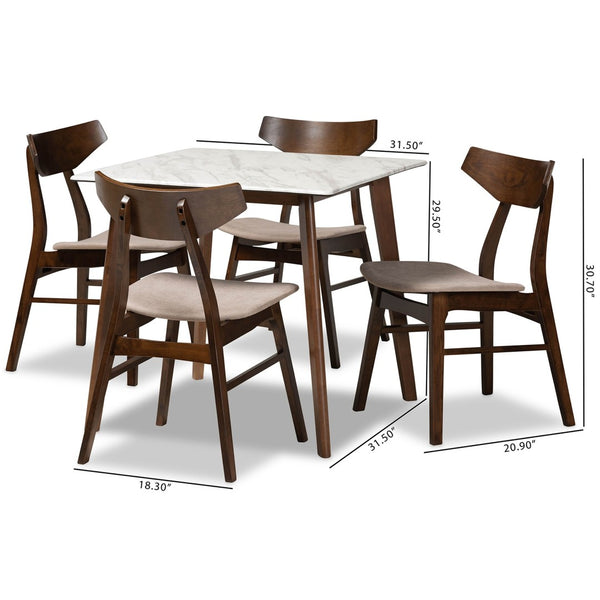 Baxton Studio Baxton Studio Pearson Mid-Century Modern 5-Piece Dining Set with Faux Marble Table for Stylish Spaces Beige Pearson-Latte/Walnut-5PC Dining Set