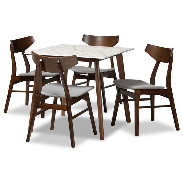 Baxton Studio Baxton Studio Pearson Mid-Century Modern 5-Piece Dining Set with Faux Marble Table for Stylish Spaces Grey Pearson-Smoke/Walnut-5PC Dining Set