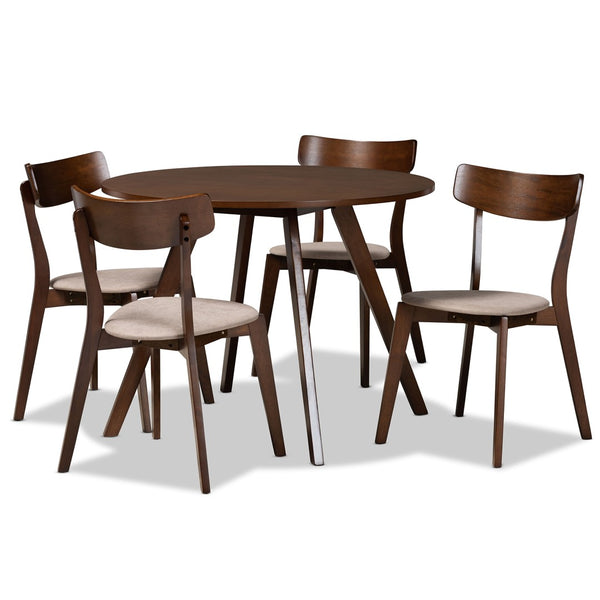 Baxton Studio Baxton Studio Rika 5-Piece Mid-Century Dining Set with Light Beige Upholstered Chairs & Round Table Iora/Hexa-Latte/Walnut-5PC Dining Set