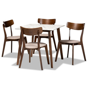 Baxton Studio Baxton Studio 5-Piece Mid-Century Modern Dining Set with Faux Marble Table & Walnut Finish Chairs Reba Beige Reba-Latte/Walnut-5PC Dining Set
