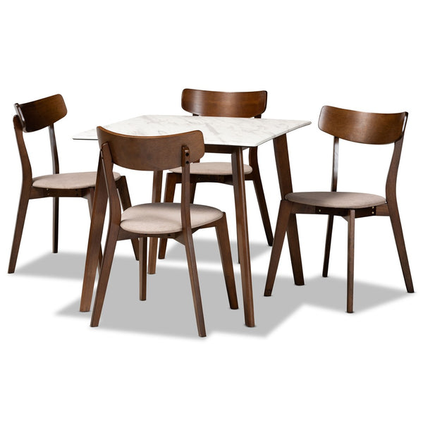 Baxton Studio Baxton Studio 5-Piece Mid-Century Modern Dining Set with Faux Marble Table & Walnut Finish Chairs Reba Beige Reba-Latte/Walnut-5PC Dining Set