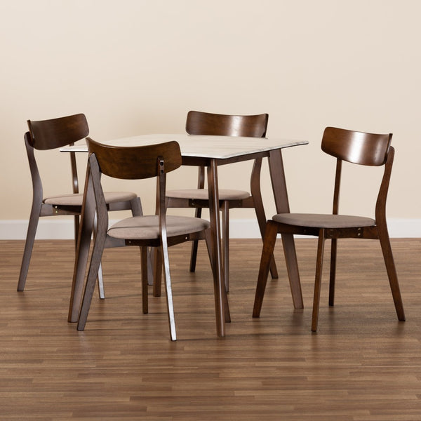 Baxton Studio Baxton Studio 5-Piece Mid-Century Modern Dining Set with Faux Marble Table & Walnut Finish Chairs Reba Beige Reba-Latte/Walnut-5PC Dining Set