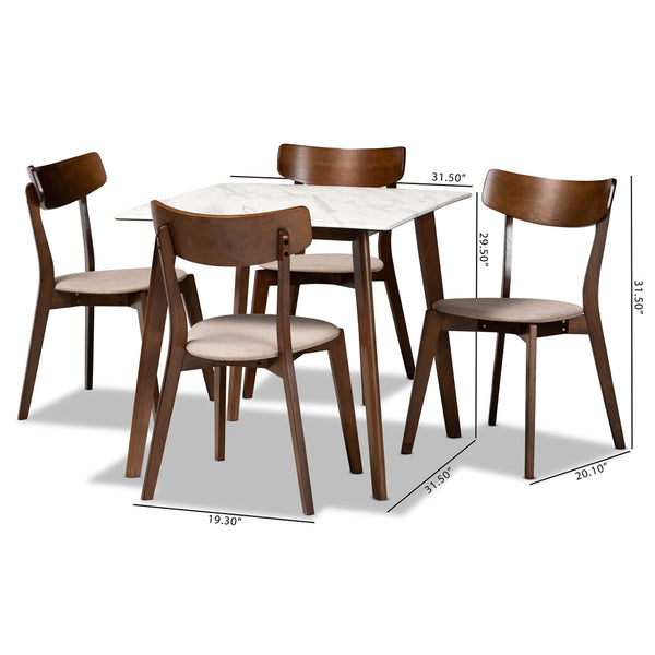 Baxton Studio Baxton Studio 5-Piece Mid-Century Modern Dining Set with Faux Marble Table & Walnut Finish Chairs Reba Beige Reba-Latte/Walnut-5PC Dining Set