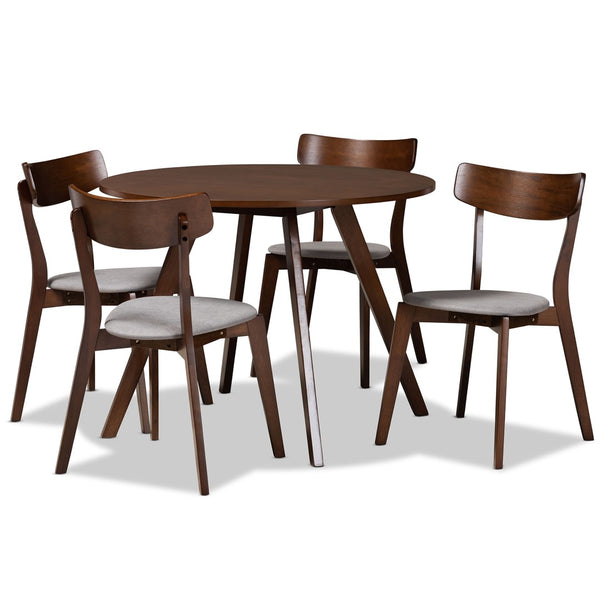 Baxton Studio Baxton Studio Rika 5-Piece Mid-Century Modern Dining Set with Light Grey Upholstered Chairs & Table Iora/Hexa-Smoke/Walnut-5PC Dining Set