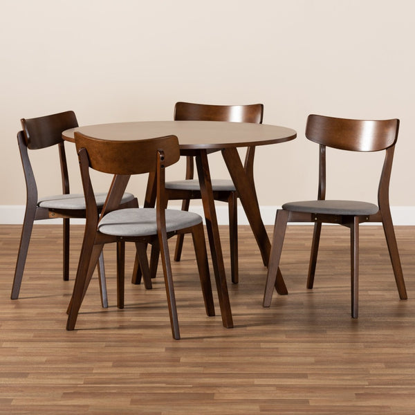 Baxton Studio Baxton Studio Rika 5-Piece Mid-Century Modern Dining Set with Light Grey Upholstered Chairs & Table Iora/Hexa-Smoke/Walnut-5PC Dining Set
