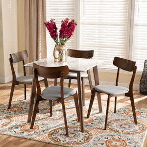 Baxton Studio Baxton Studio 5-Piece Mid-Century Modern Dining Set with Faux Marble Table & Walnut Finish Chairs Reba Grey Reba-Smoke/Walnut-5PC Dining Set