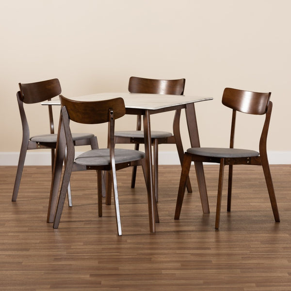Baxton Studio Baxton Studio 5-Piece Mid-Century Modern Dining Set with Faux Marble Table & Walnut Finish Chairs Reba Grey Reba-Smoke/Walnut-5PC Dining Set