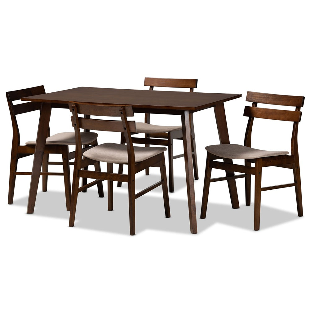 Baxton Studio Baxton Studio Eleri 5-Piece Mid-Century Modern Dining Set with Light Beige Upholstery & Walnut Finish Delvin/Fiesta-Latte/Walnut-5PC Dining Set