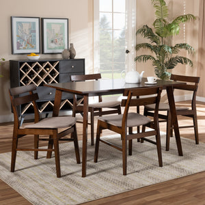 Baxton Studio Baxton Studio Eleri 5-Piece Mid-Century Modern Dining Set with Light Beige Upholstery & Walnut Finish Delvin/Fiesta-Latte/Walnut-5PC Dining Set