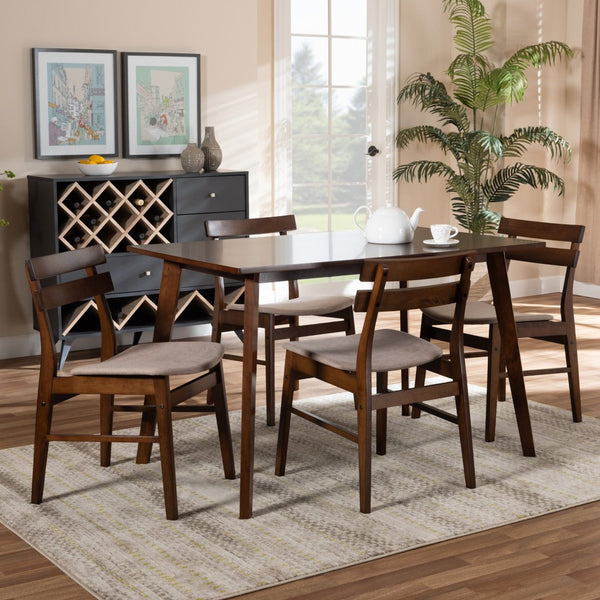 Baxton Studio Baxton Studio Eleri 5-Piece Mid-Century Modern Dining Set with Light Beige Upholstery & Walnut Finish Delvin/Fiesta-Latte/Walnut-5PC Dining Set