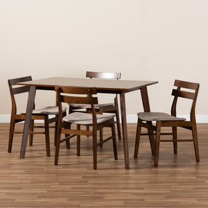 Baxton Studio Baxton Studio Eleri 5-Piece Mid-Century Modern Dining Set with Light Beige Upholstery & Walnut Finish Delvin/Fiesta-Latte/Walnut-5PC Dining Set