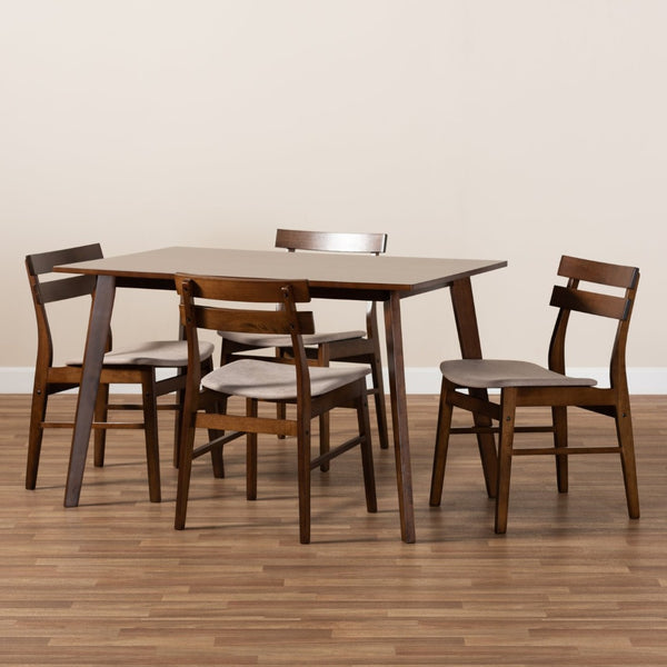 Baxton Studio Baxton Studio Eleri 5-Piece Mid-Century Modern Dining Set with Light Beige Upholstery & Walnut Finish Delvin/Fiesta-Latte/Walnut-5PC Dining Set