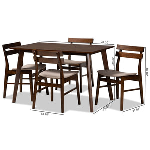 Baxton Studio Baxton Studio Eleri 5-Piece Mid-Century Modern Dining Set with Light Beige Upholstery & Walnut Finish Delvin/Fiesta-Latte/Walnut-5PC Dining Set