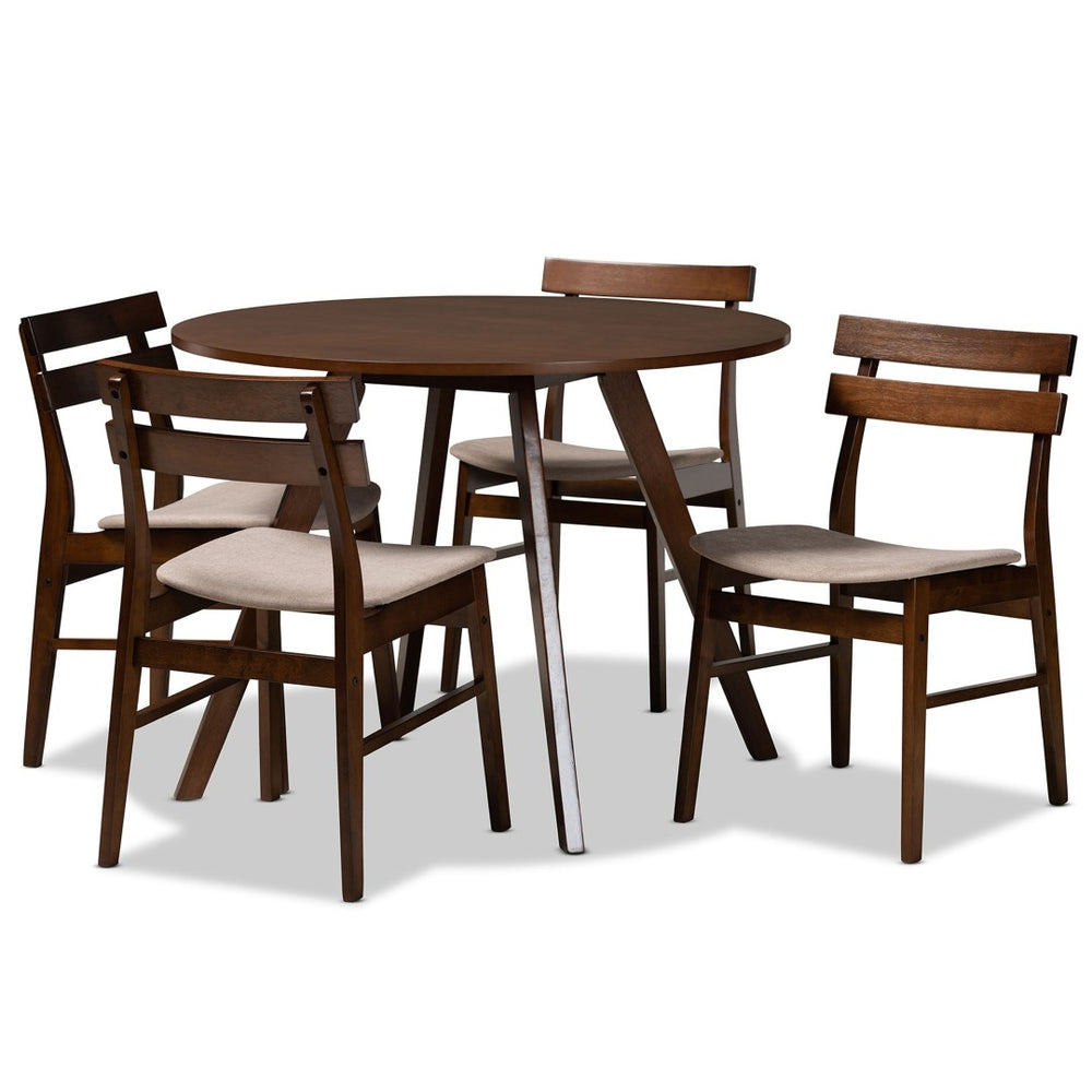 Baxton Studio Baxton Studio Eiko 5-Piece Mid-Century Modern Dining Set with Light Beige Upholstery & Walnut Finish Delvin/Hexa-Latte/Walnut-5PC Dining Set