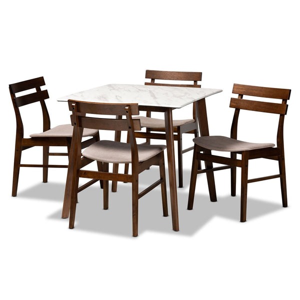 Baxton Studio Baxton Studio Richmond 5-Piece Mid-Century Dining Set with Faux Marble Table & Upholstered Chairs Richmond-Latte/Walnut-5PC Dining Set