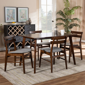 Baxton Studio Baxton Eleri 5-Piece Dining Set - Mid-Century Modern Light Grey Upholstered Chairs & Walnut Table Delvin/Fiesta-Smoke/Walnut-5PC Dining Set