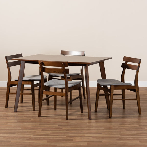 Baxton Studio Baxton Eleri 5-Piece Dining Set - Mid-Century Modern Light Grey Upholstered Chairs & Walnut Table Delvin/Fiesta-Smoke/Walnut-5PC Dining Set