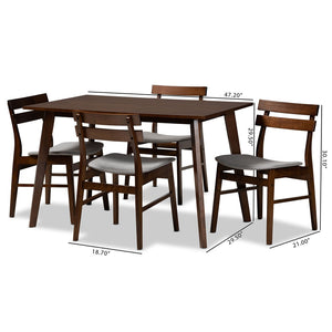 Baxton Studio Baxton Eleri 5-Piece Dining Set - Mid-Century Modern Light Grey Upholstered Chairs & Walnut Table Delvin/Fiesta-Smoke/Walnut-5PC Dining Set