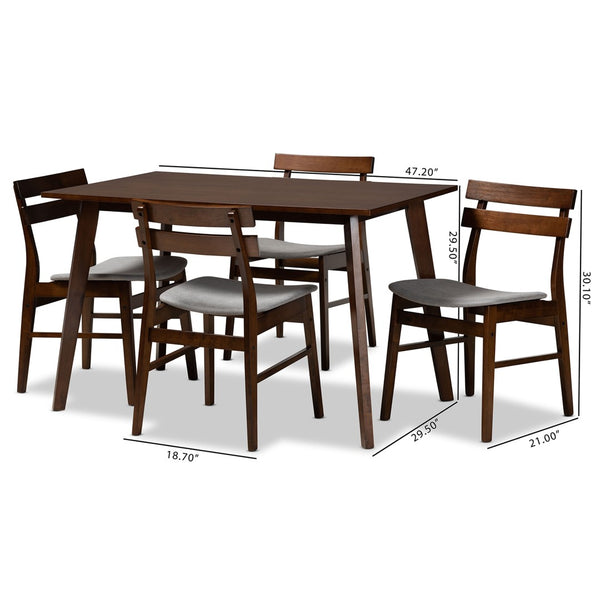 Baxton Studio Baxton Eleri 5-Piece Dining Set - Mid-Century Modern Light Grey Upholstered Chairs & Walnut Table Delvin/Fiesta-Smoke/Walnut-5PC Dining Set