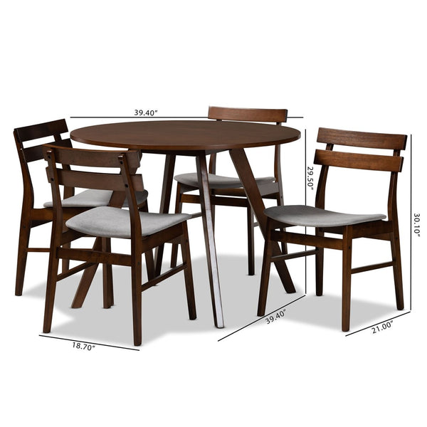 Baxton Studio Baxton Eiko 5-Piece Dining Set: Stylish Mid-Century Modern Light Grey Upholstery & Walnut Finish Delvin/Hexa-Smoke/Walnut-5PC Dining Set