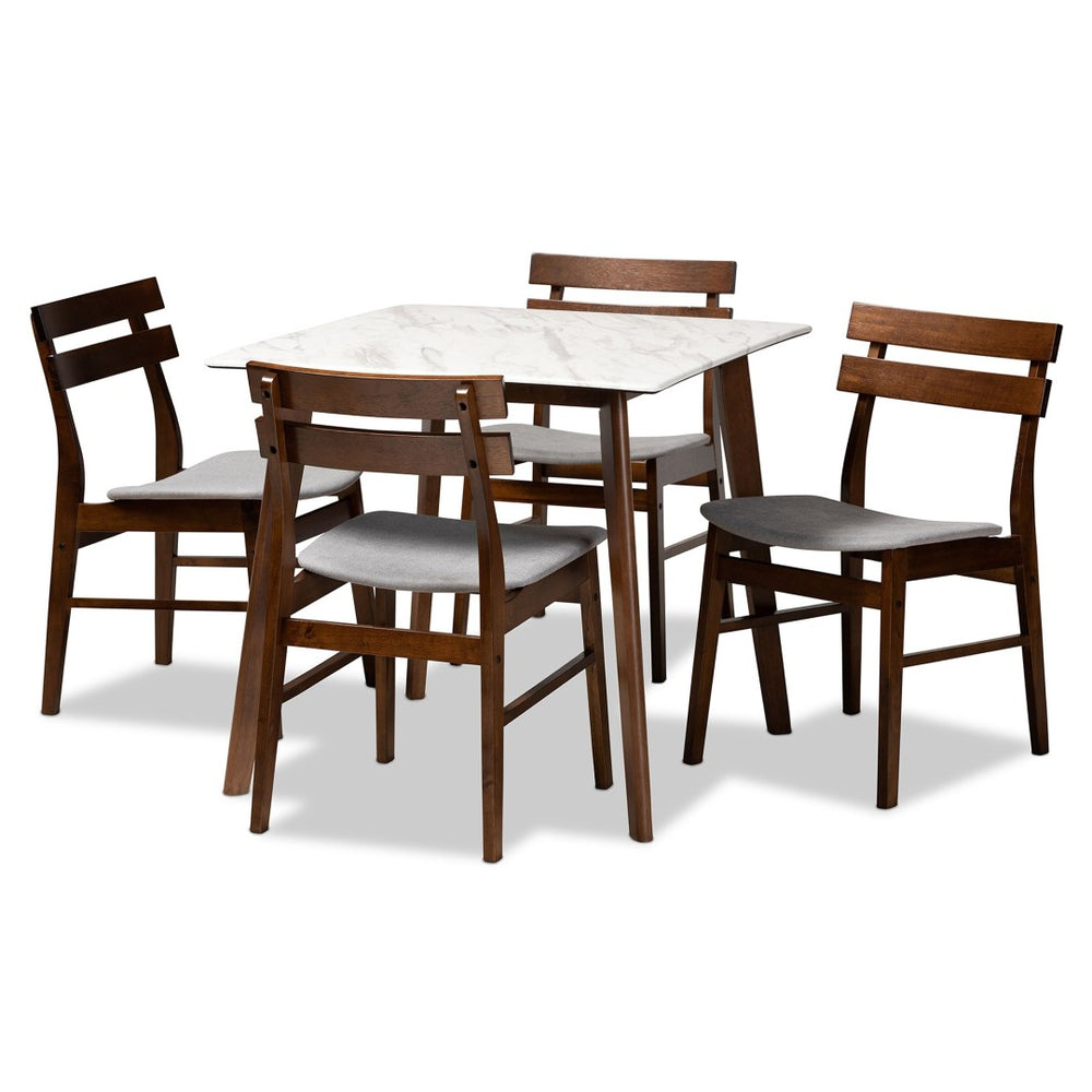 Baxton Studio Baxton Studio 5-Piece Mid-Century Modern Dining Set with Faux Marble Table & Light Grey Upholstery Richmond-Smoke/Walnut-5PC Dining Set