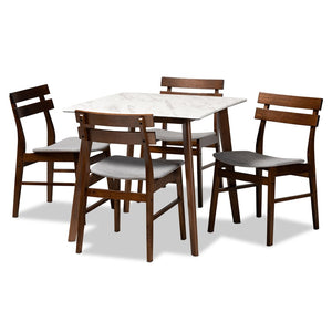 Baxton Studio Baxton Studio 5-Piece Mid-Century Modern Dining Set with Faux Marble Table & Light Grey Upholstery Richmond-Smoke/Walnut-5PC Dining Set
