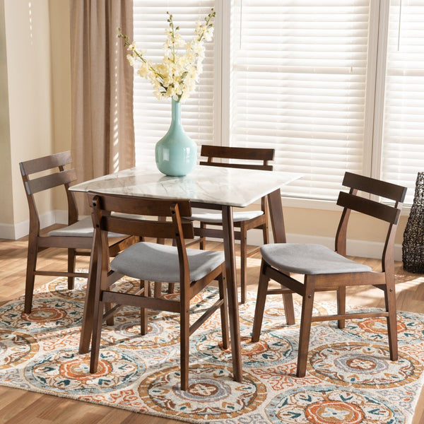 Baxton Studio Baxton Studio 5-Piece Mid-Century Modern Dining Set with Faux Marble Table & Light Grey Upholstery Richmond-Smoke/Walnut-5PC Dining Set