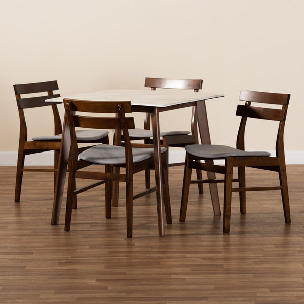 Baxton Studio Baxton Studio 5-Piece Mid-Century Modern Dining Set with Faux Marble Table & Light Grey Upholstery Richmond-Smoke/Walnut-5PC Dining Set