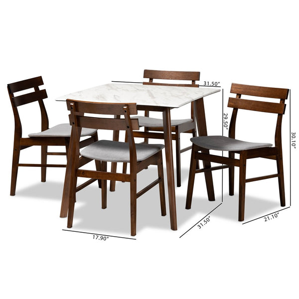Baxton Studio Baxton Studio 5-Piece Mid-Century Modern Dining Set with Faux Marble Table & Light Grey Upholstery Richmond-Smoke/Walnut-5PC Dining Set