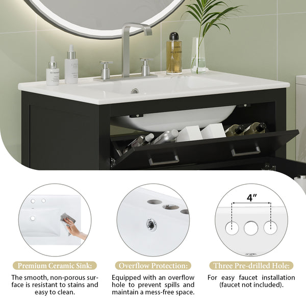 English Elm 30" Modern Bathroom Vanity with Ceramic Sink and Soft-Close Doors, Solid Wood MDF Build, Sleek Handles Black N729P263155B