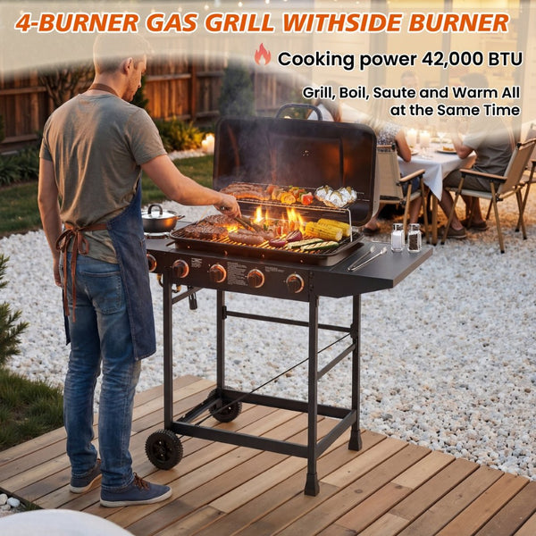English Elm 4 Burner Propane Gas Grill with Cast Iron Grates Side and 42000 Btu Outdoor Power W1820P341742