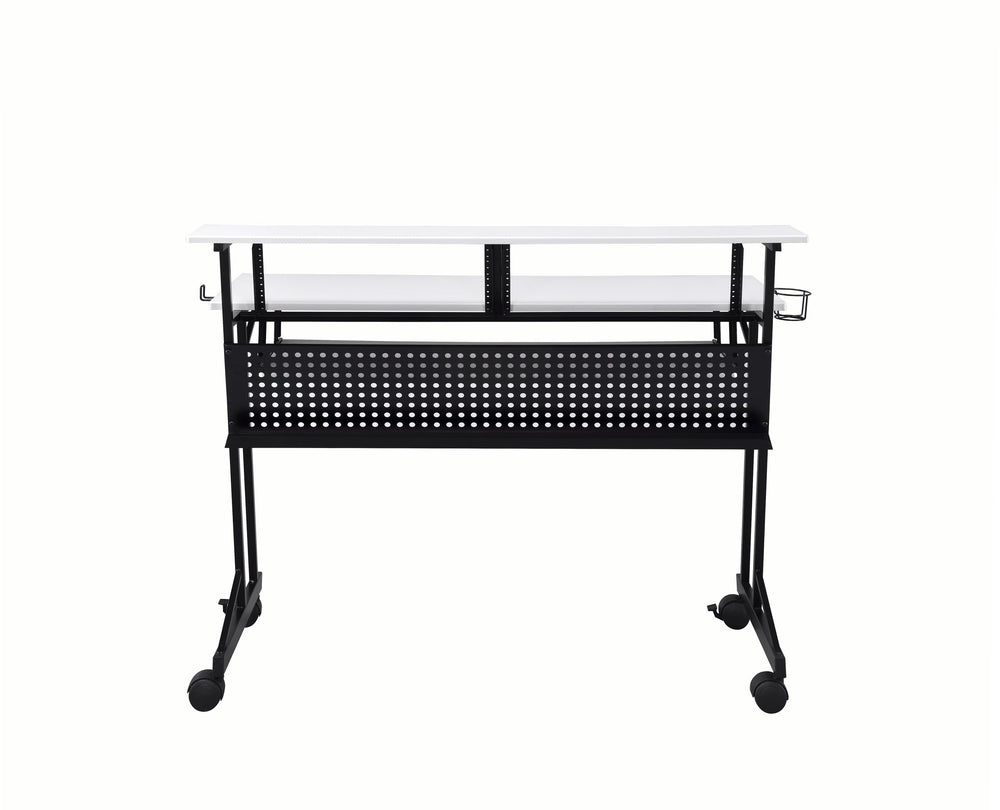 English Elm Suitor White & Black Studio Desk with Sliding Keyboard Tray, 61-Key Support, Open Storage, Casters B2726P297802