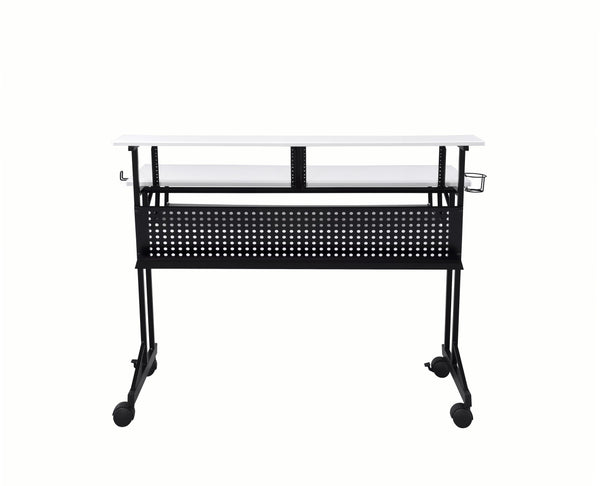 English Elm Suitor White & Black Studio Desk with Sliding Keyboard Tray, 61-Key Support, Open Storage, Casters B2726P297802