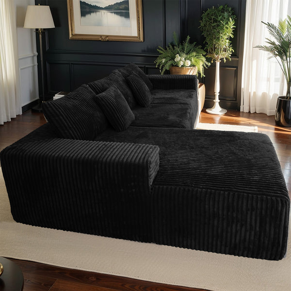 English Elm 112.99"Cloud Long-Pile Corduroy Sectional Sofa with L-Shape Chaise, Modular Deep-Seat Comfort for Living Room Black W3276S00009
