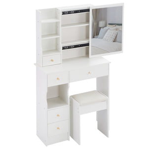 English Elm 29.2" Compact Vanity Set With Sliding Mirror, Cushioned Stool, And Multi-Layer Storage For Small Spaces W3258P299609