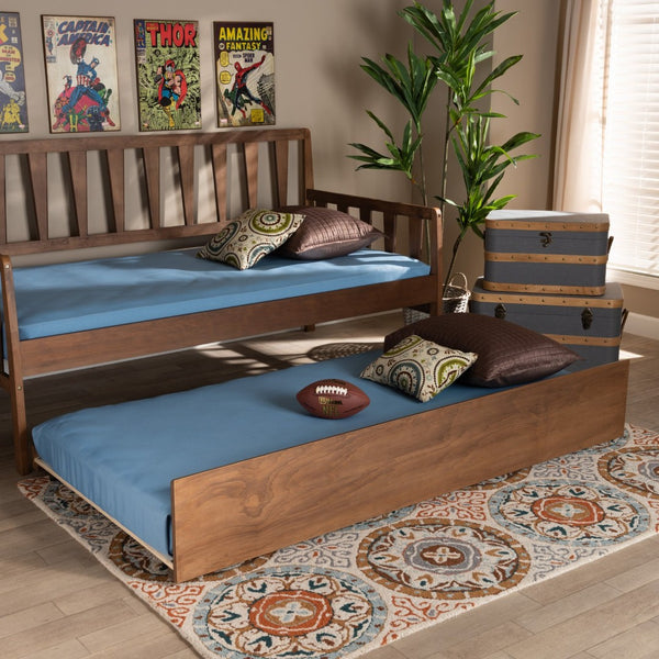 Baxton Studio Baxton Stylish Walnut Brown Twin Size Trundle Bed with Smooth Wheels for Easy Guest Sleepovers MG0046-1-Walnut-Trundle