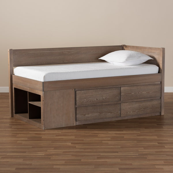 Baxton Studio Baxton Studio Levon Twin Storage Bed - Modern Antique Oak Finish with 4 Drawers & Built-In Slats MG0042-Antique Oak-Twin