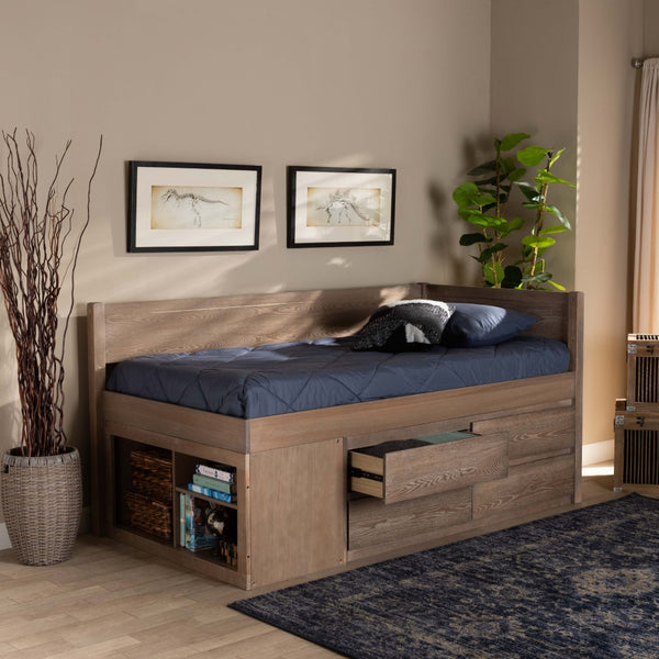 Baxton Studio Baxton Studio Levon Twin Storage Bed - Modern Antique Oak Finish with 4 Drawers & Built-In Slats MG0042-Antique Oak-Twin