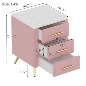 English Elm Upholstered Velvet Nightstand with Faux Marble Top Three Drawers and Slim Metal Legs Pink N733P208520H