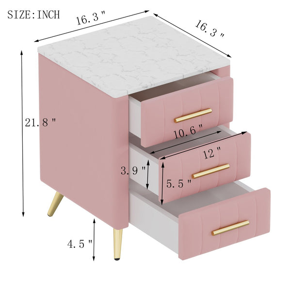 English Elm Upholstered Velvet Nightstand with Faux Marble Top Three Drawers and Slim Metal Legs Pink N733P208520H