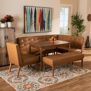 Baxton Studio Baxton Studio Mid-Century Modern Tan Faux Leather Dining Nook Set with Walnut Wood Finish for Small Spaces Arvid 5-Piece BBT8051-Tan/Walnut-5PC Dining Nook Set