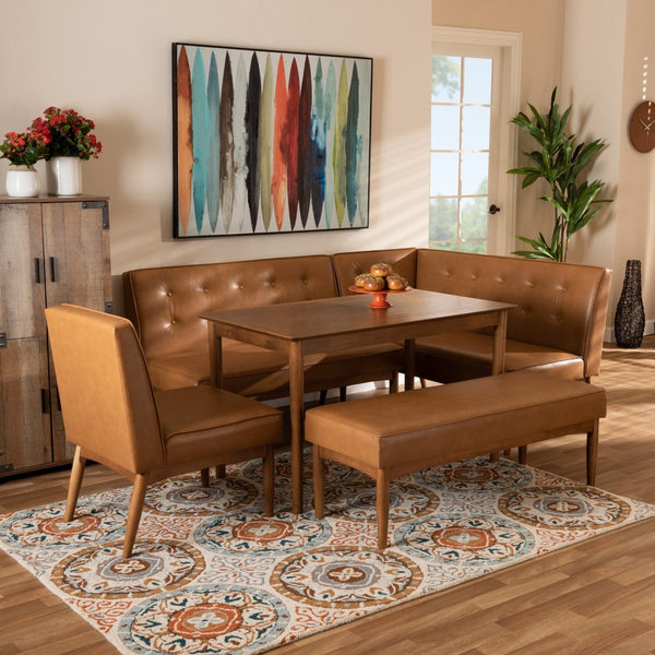 Baxton Studio Baxton Studio Mid-Century Modern Tan Faux Leather Dining Nook Set with Walnut Wood Finish for Small Spaces Arvid 5-Piece BBT8051-Tan/Walnut-5PC Dining Nook Set