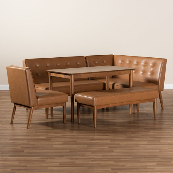 Baxton Studio Baxton Studio Mid-Century Modern Tan Faux Leather Dining Nook Set with Walnut Wood Finish for Small Spaces Arvid 5-Piece BBT8051-Tan/Walnut-5PC Dining Nook Set