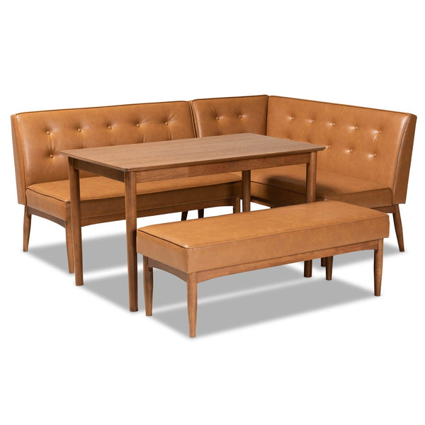 Baxton Studio Baxton Studio Mid-Century Modern Tan Faux Leather Dining Nook Set with Walnut Wood Finish for Small Spaces Arvid 4-Piece BBT8051-Tan/Walnut-4PC Dining Nook Set
