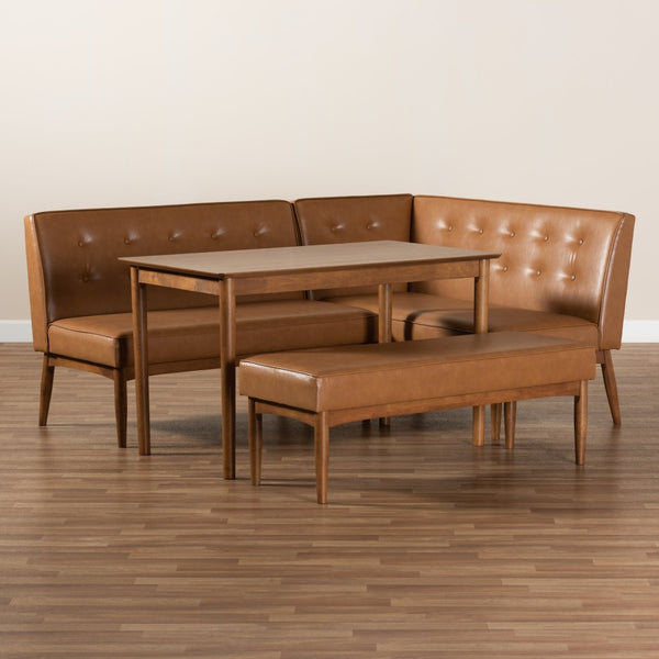 Baxton Studio Baxton Studio Mid-Century Modern Tan Faux Leather Dining Nook Set with Walnut Wood Finish for Small Spaces Arvid 4-Piece BBT8051-Tan/Walnut-4PC Dining Nook Set