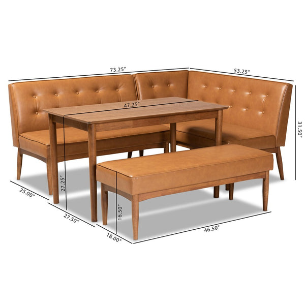 Baxton Studio Baxton Studio Mid-Century Modern Tan Faux Leather Dining Nook Set with Walnut Wood Finish for Small Spaces Arvid 4-Piece BBT8051-Tan/Walnut-4PC Dining Nook Set